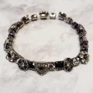 Black Rhinestone Bracelet Heart Flower Art Deco Silver Tone‎ Stretch Gatsby 20s